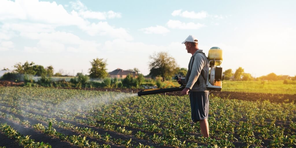 Agricultor pulverizando na plantacao fazendo o controle biologico