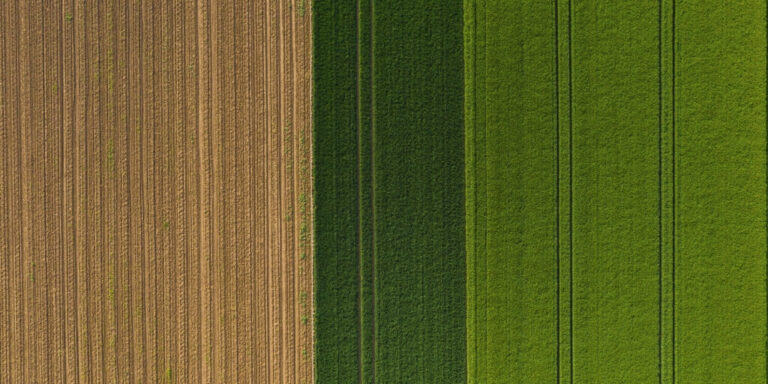 Vista aerea superior de diferentes campos agricolas representando Importancia do geoprocessamento no planejamento rural